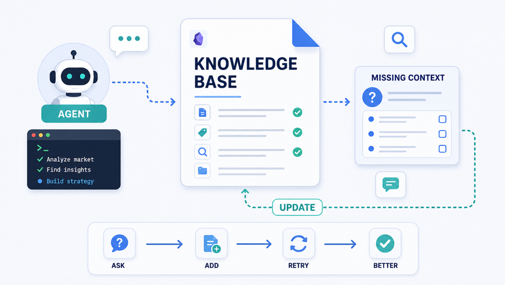 Technical infographic showing an AI agent, a knowledge base, and a missing context feedback loop.