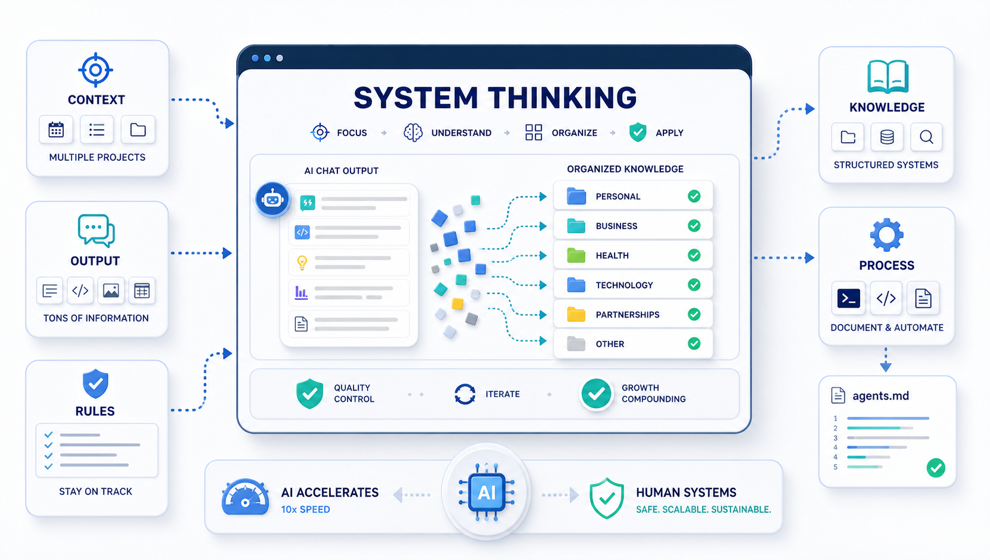 Technical system map showing AI output being organized into context, rules, knowledge, process, and agents.md instructions.