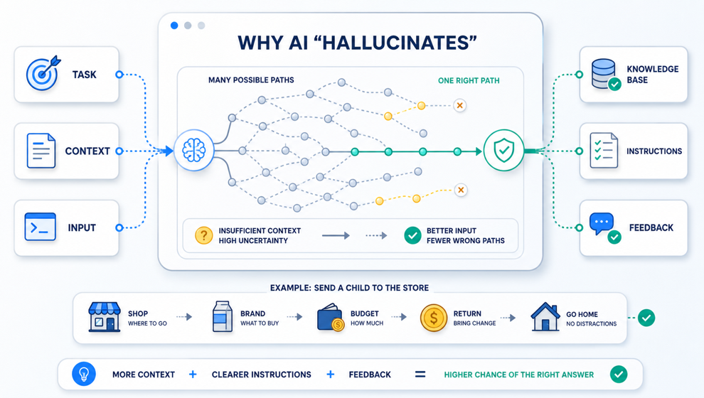 Technical system diagram showing how context, instructions, knowledge base, and feedback narrow possible AI paths toward the right answer.
