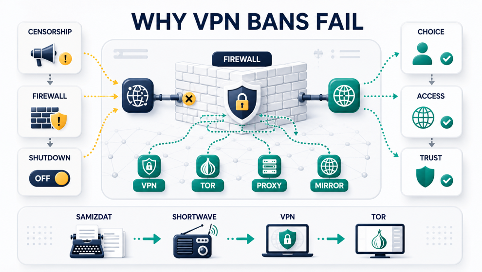 Technical system map showing censorship, firewalls, shutdowns, and VPN, Tor, proxy, and mirror routes around a central firewall.