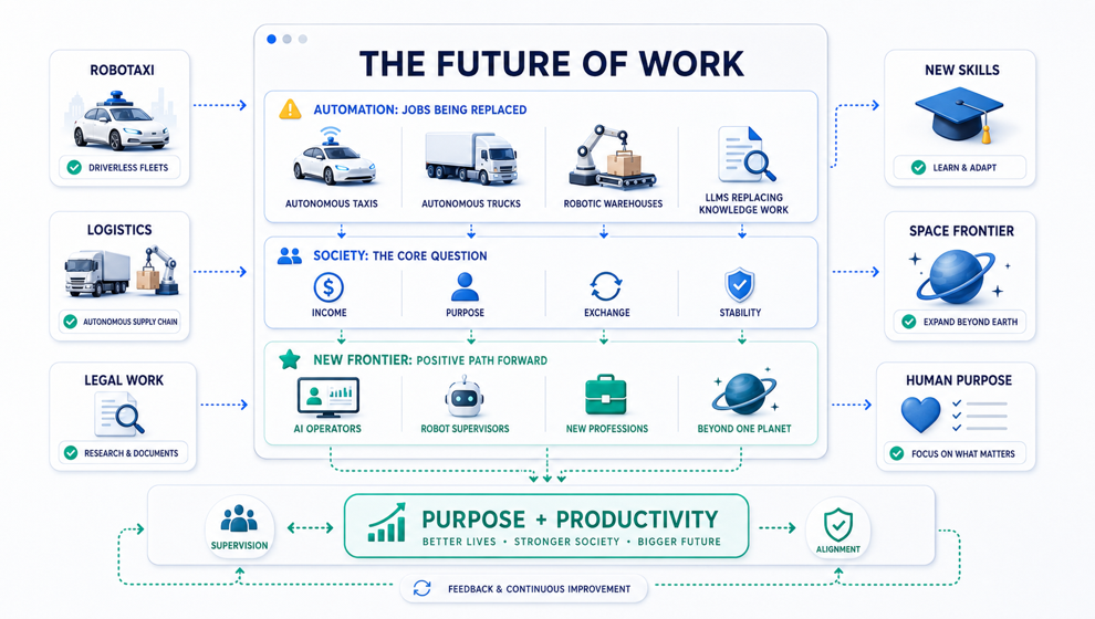 Technical system map showing automation replacing jobs, society facing questions of income and purpose, and a future path through new skills and frontier expansion.