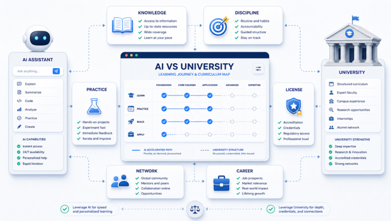 Technical system map comparing AI learning and university education