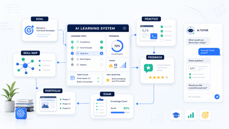 Technical learning system map showing AI tutor, goals, skill map, practice, feedback, exam, and portfolio