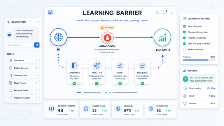 Technical learning system map showing antagonism as a barrier and openness, practice, adapt, and feedback as the growth path