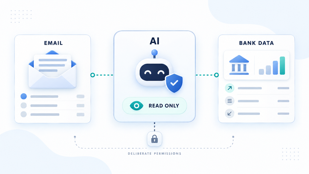 An AI permissions panel connected to email and banking data, with a read-only access control.